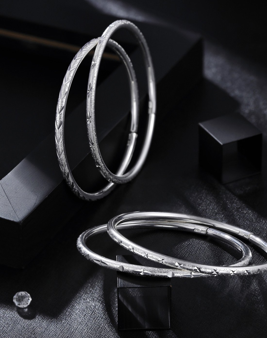 winy999足银钉砂工艺时尚开口女手镯时光之星19g配证书