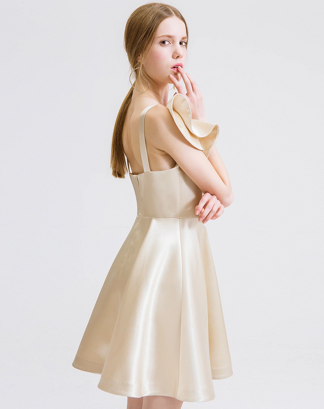 香槟金荷叶领无袖连衣裙时尚礼服裙子