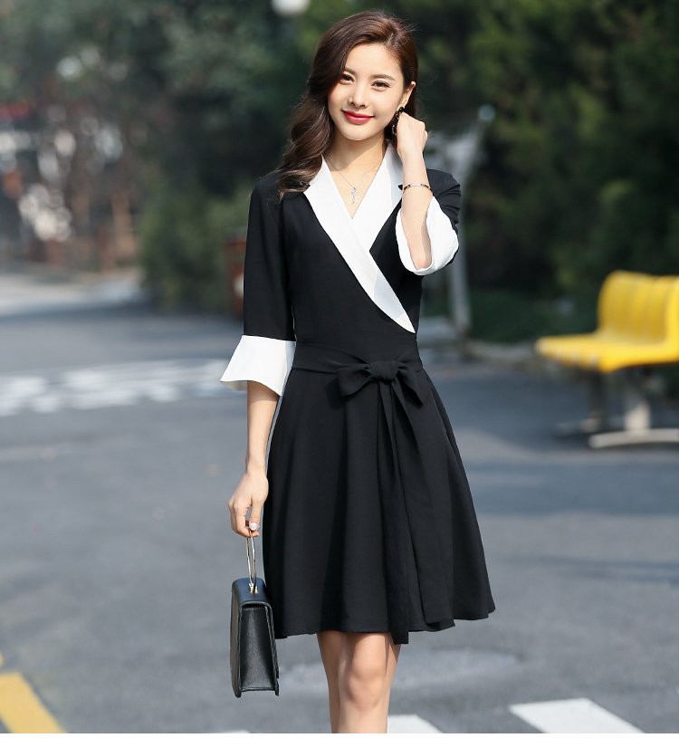 美裙穿搭术-尚静女装专场连衣裙专场 时尚喇叭袖流行连衣裙黑 白 品牌