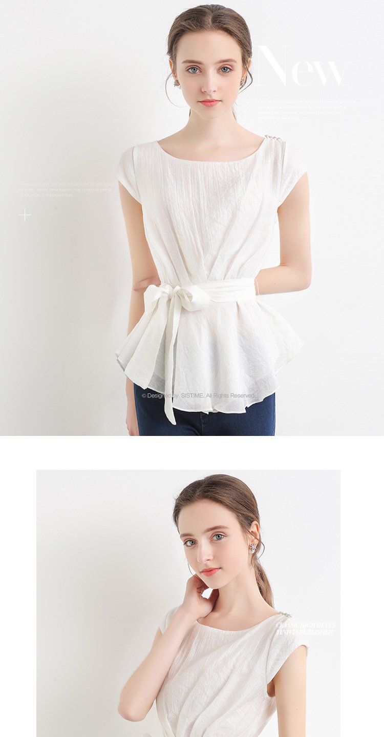 似水年华纯色简约圆领盖肩袖收腰系带上衣