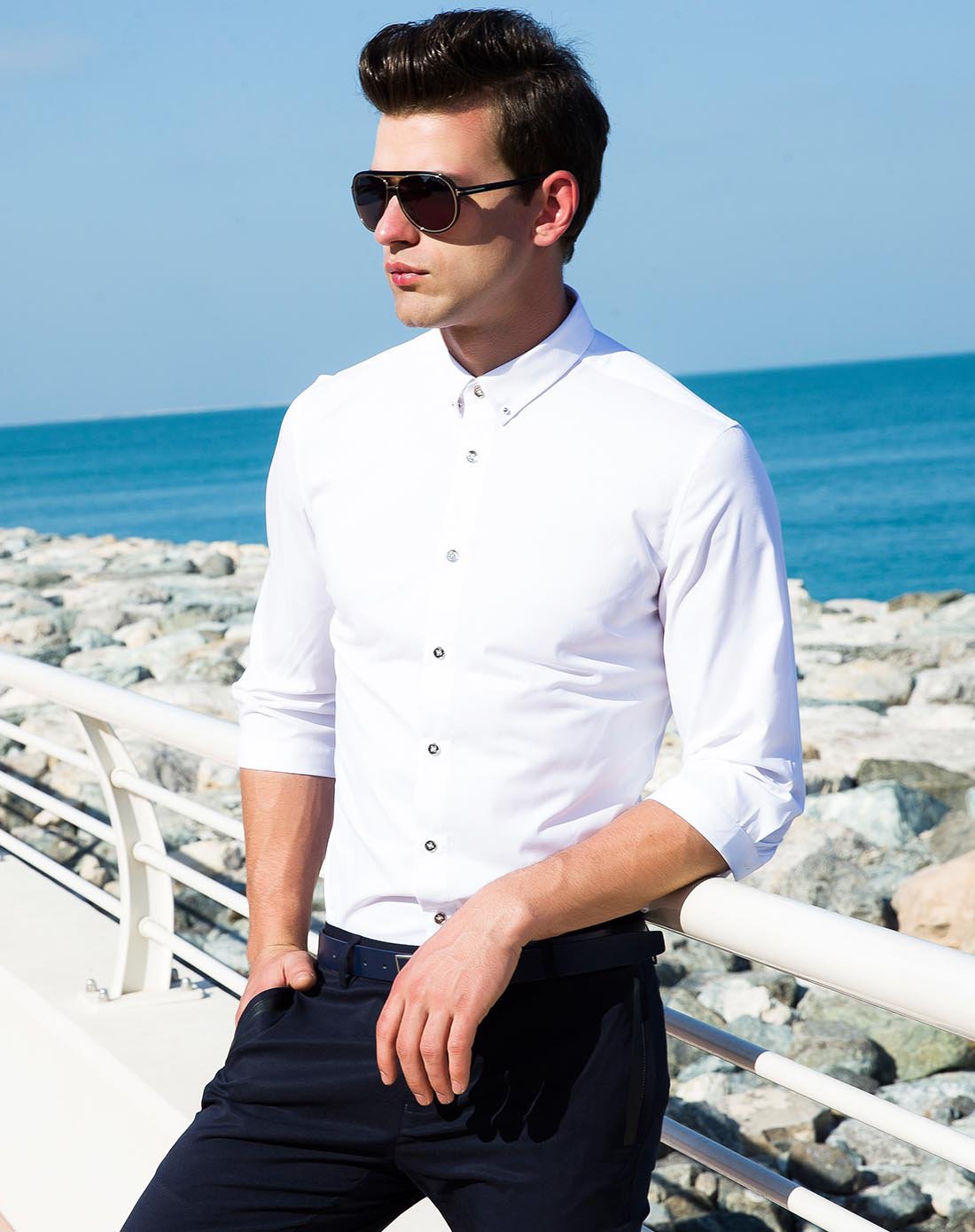 轻奢男士商务明门襟修身中袖衬衫白色