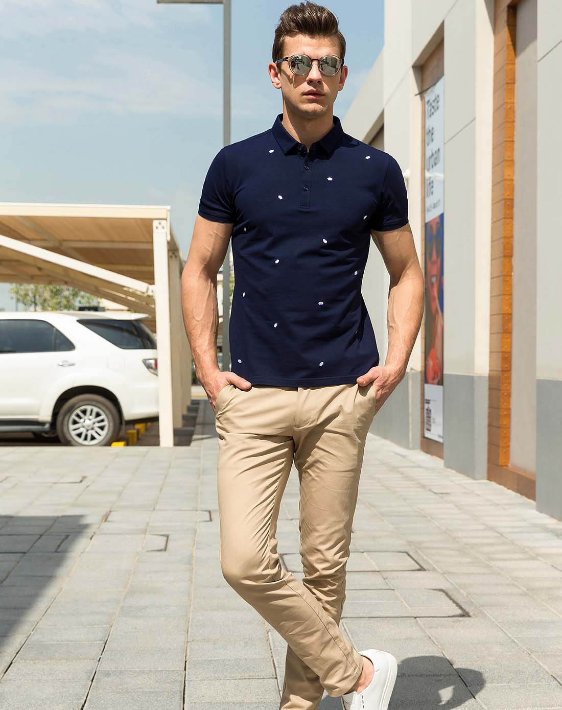 轻奢男士提花修身翻领短袖polo衫藏青色