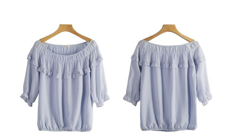 一字领荷叶边雪纺女士短袖t恤