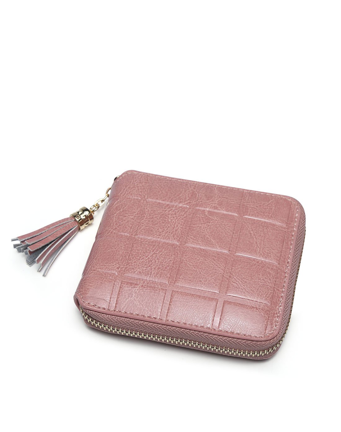 2017新款方格图案牛皮钱包女式短款流苏拉链卡包钱夹