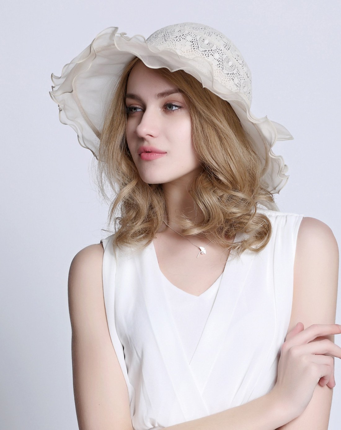 vec帽子丝巾专场vec 春夏女可折叠沙滩帽防晒真丝遮阳帽米色vm-511-36