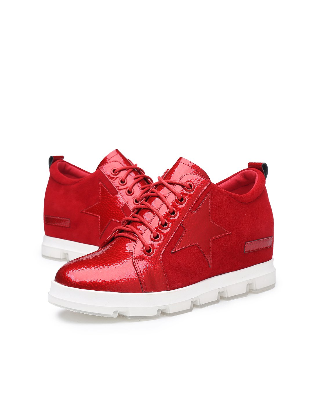 17年春新品 红色潮流五角星饰绑带内增高休闲鞋