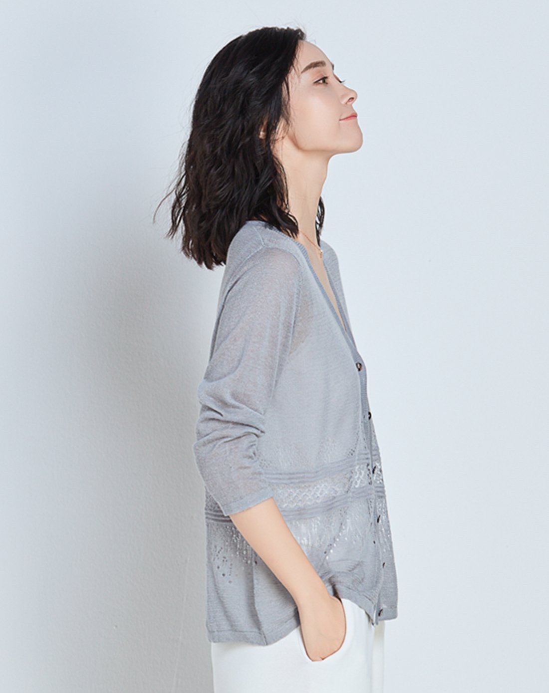 亚麻针织衫套头短袖开衫天蓝