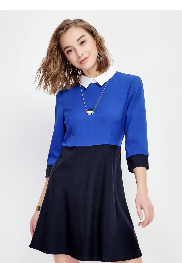 宝蓝/藏蓝色甜美优雅翻领八分袖连衣裙