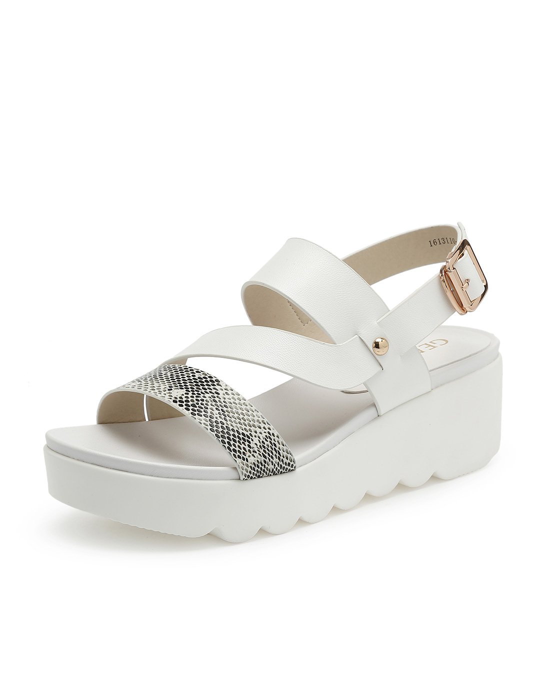 专柜同款休闲搭扣一字型厚底坡跟女凉鞋白色