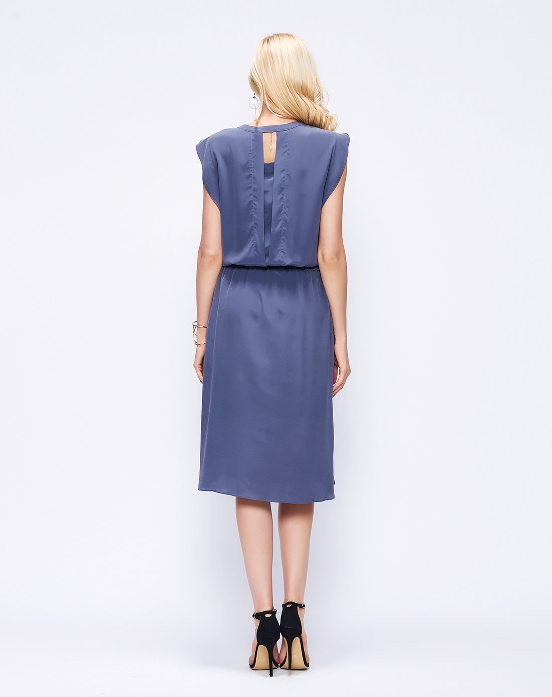 真丝纯色v领连衣裙深灰兰