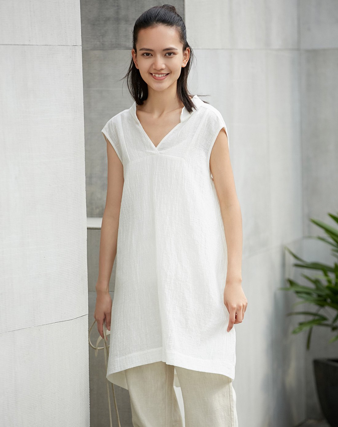 v领绑带盖袖纯色t恤