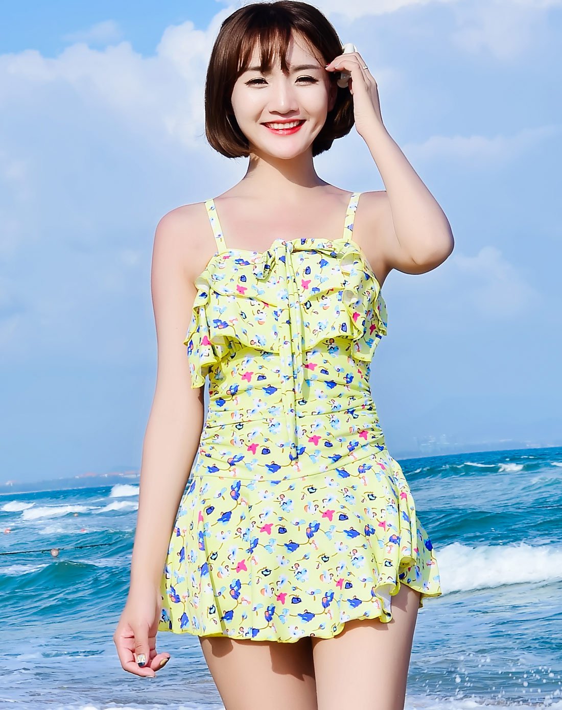 霞黛芳内衣专场挂脖可爱连体式女士泳衣浅黄v6040yl12_唯品会