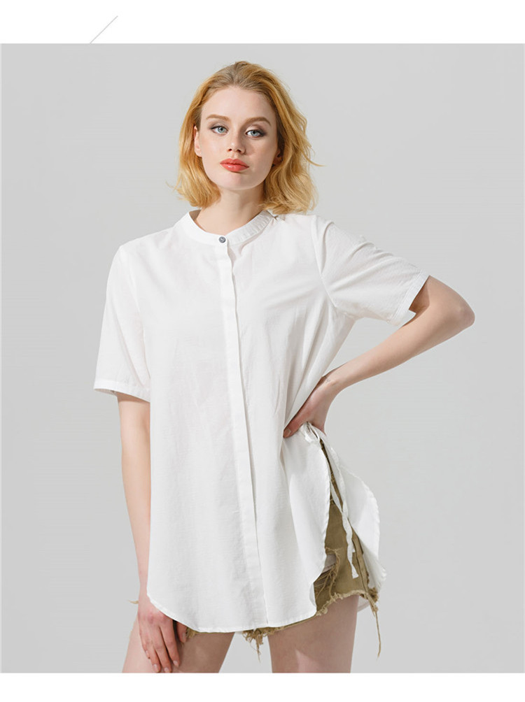 高开叉系带小立领衬衫白色