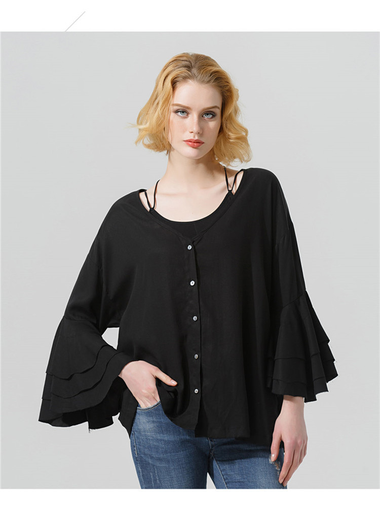 喇叭袖v领百搭衬衫黑色