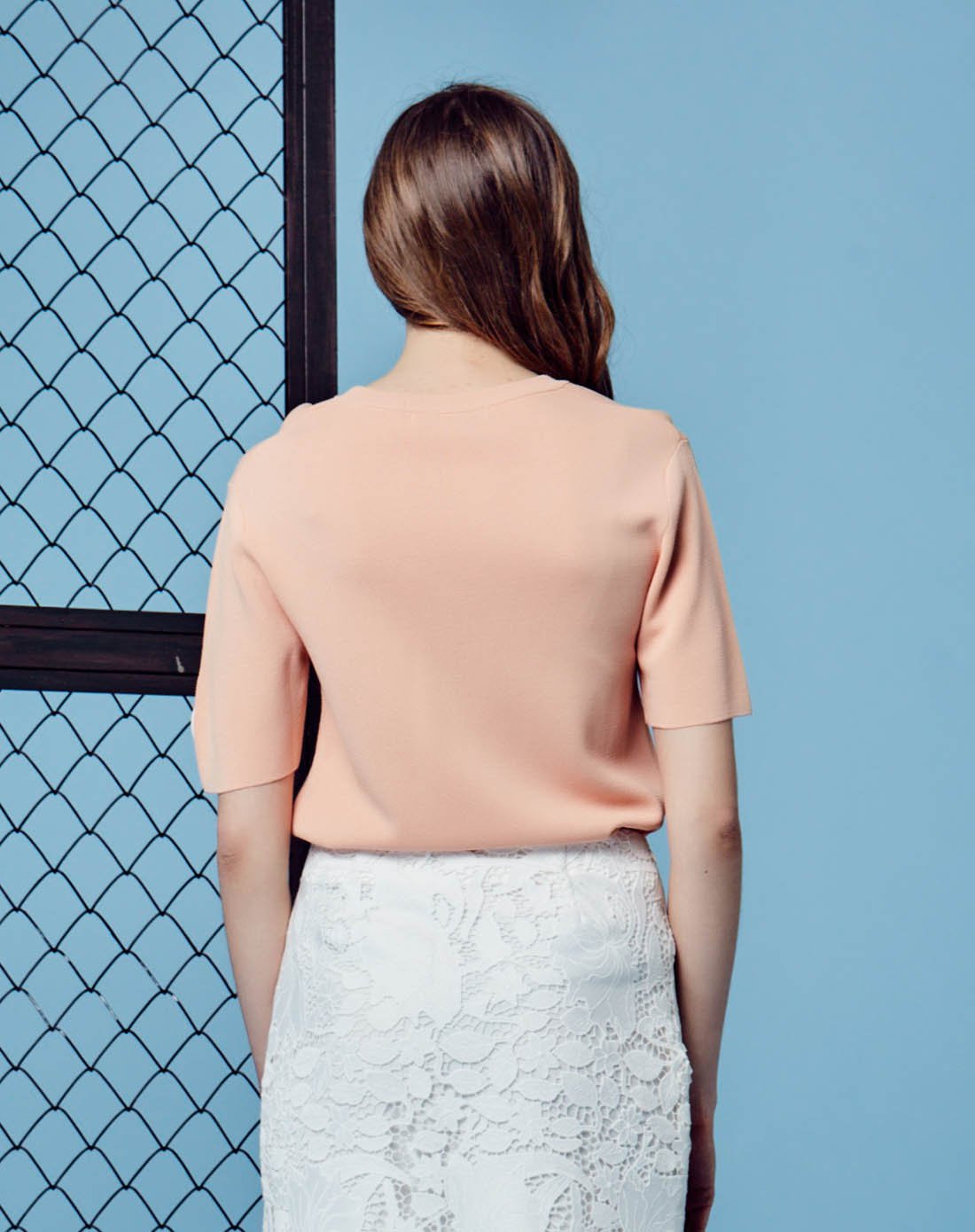 圆领胶印短袖针织衫西柚粉