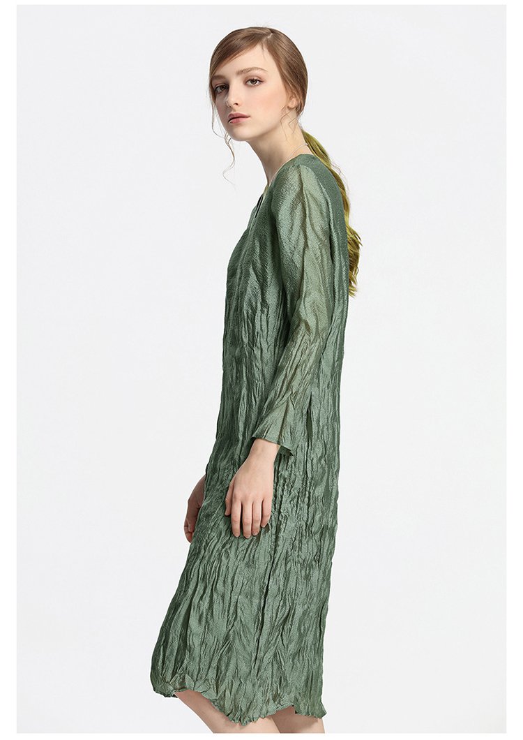 雅致闪光泡泡纱褶皱肌理连衣裙灰绿