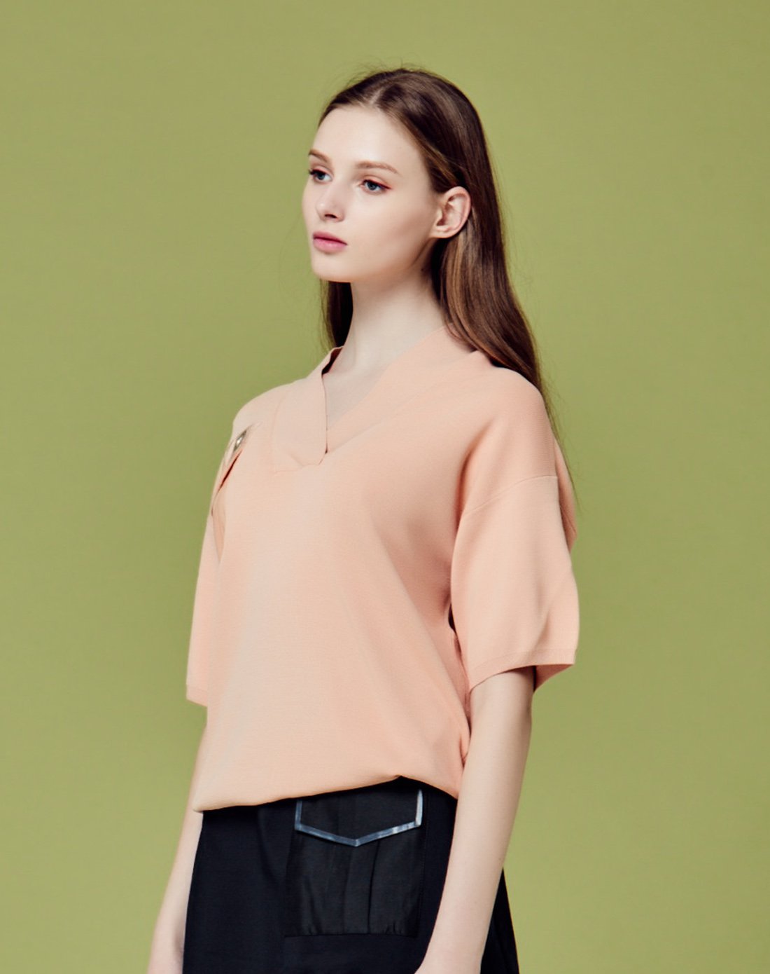 纯色落肩口袋装饰宽松针织衫西柚粉