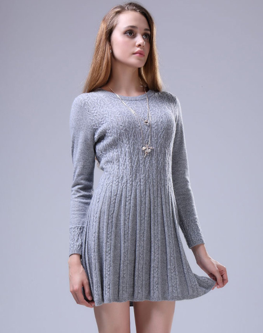 女简约时尚羊绒连衣裙花兰灰