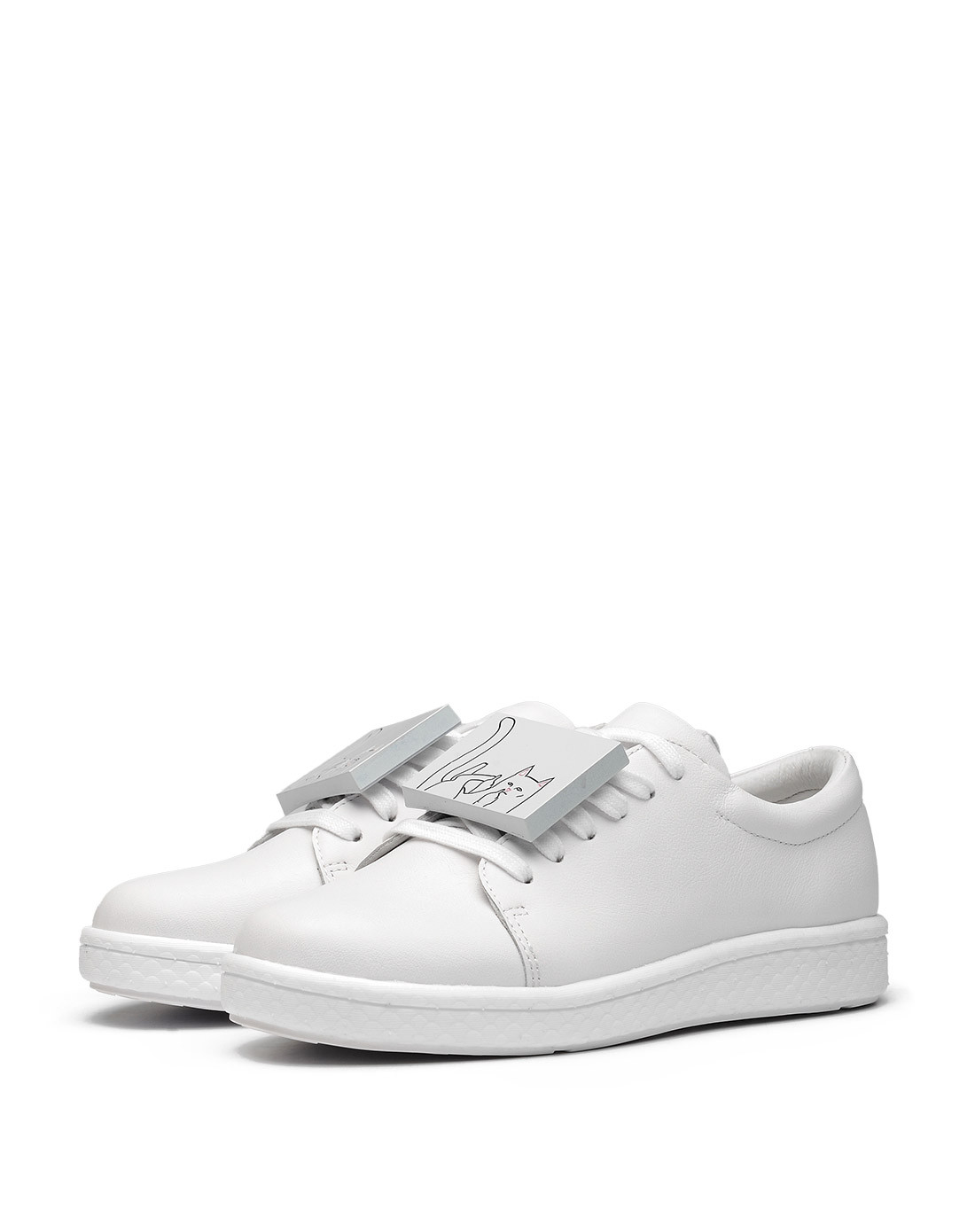 aumu2017新款女士个性中指猫真皮休闲小白鞋粉色