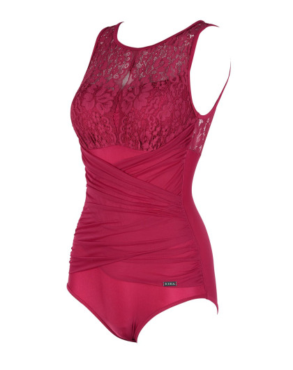 安莉芳纯色保守厚杯聚拢裙式泳衣紫红色