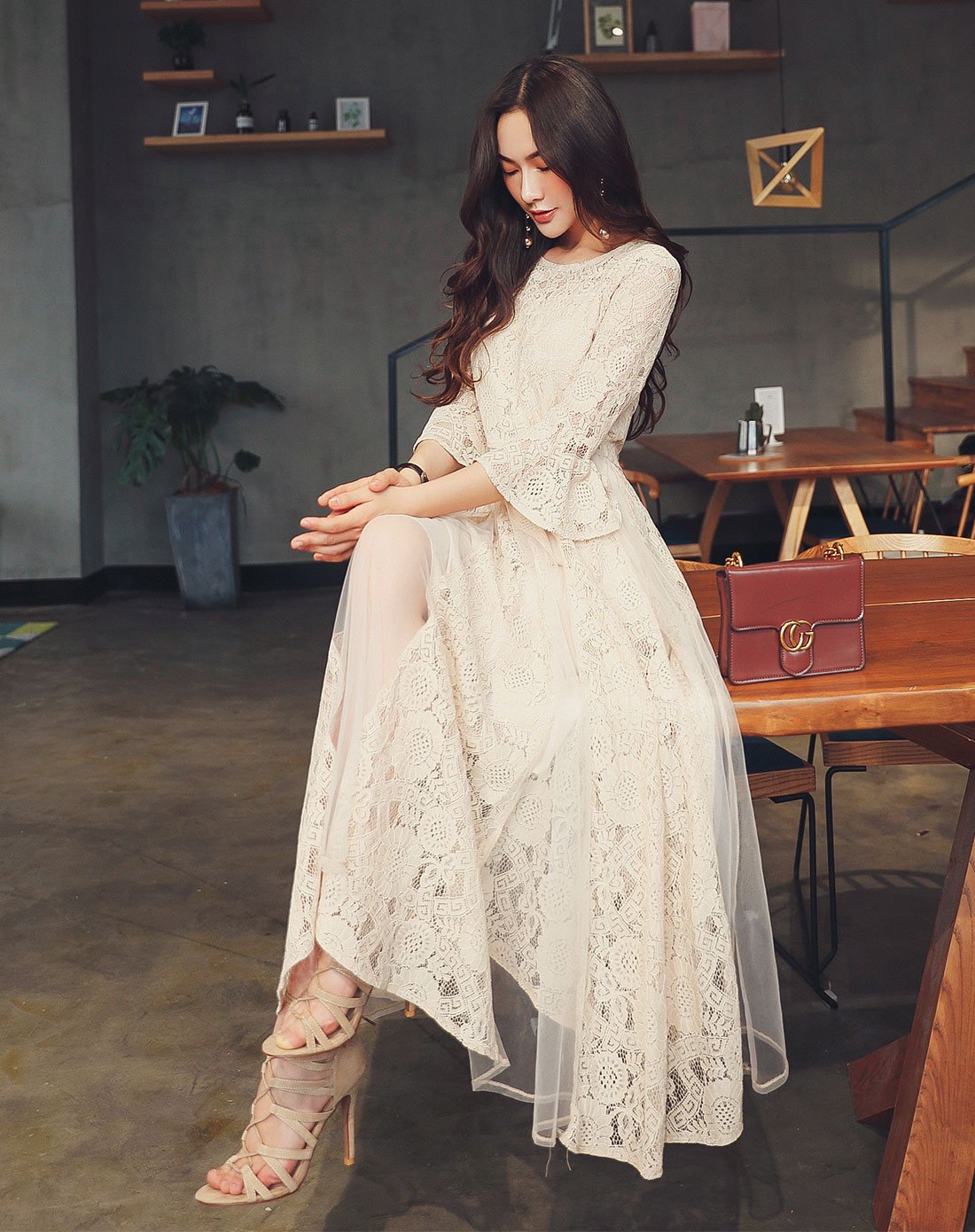 谷子女款纯色圆领喇叭袖蕾丝连衣裙长裙米色gz-cq172507lb_唯品会