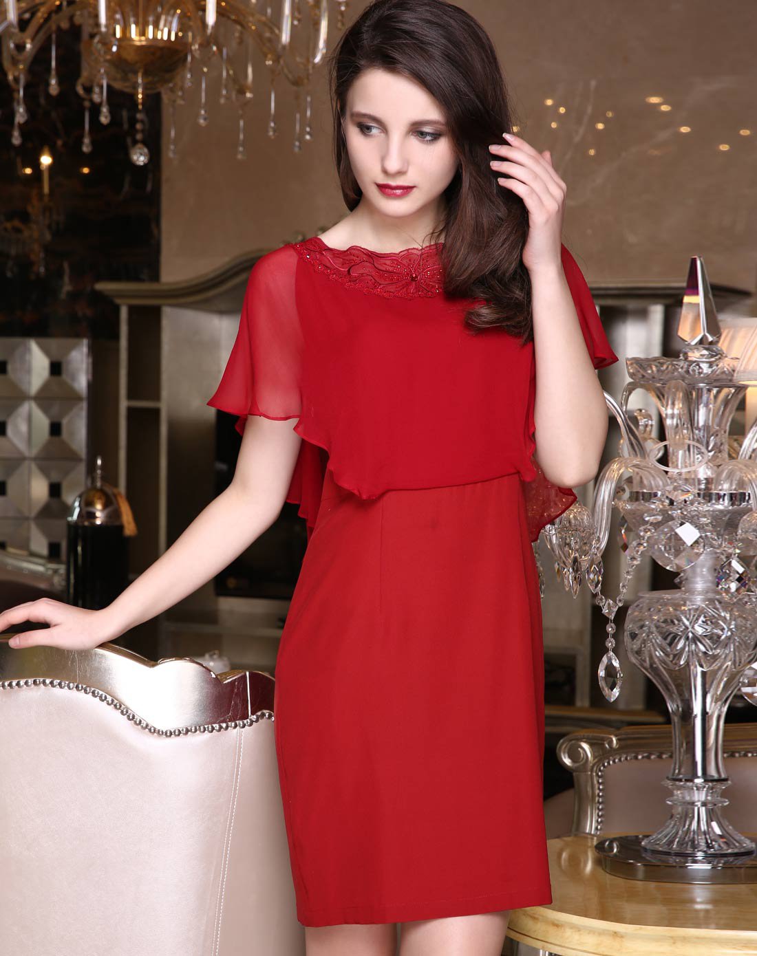 纯色薄纱绣花真丝连衣裙