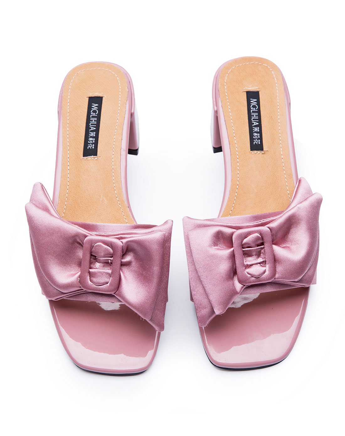 沙丁布简约蝴蝶结粗跟凉拖 透气猪皮垫