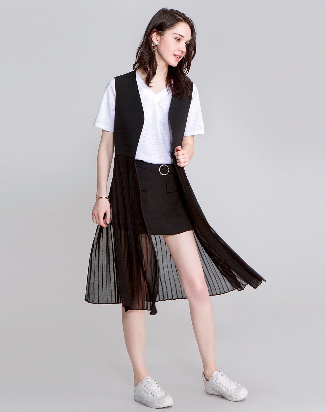 慕诗涵 混搭拼接压褶修身雪纺长款女装衣服上衣女马甲