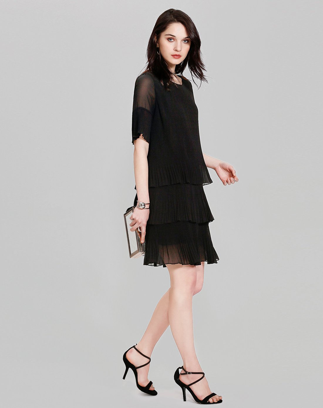 慕诗涵 多层次百褶蛋糕连衣裙黑色