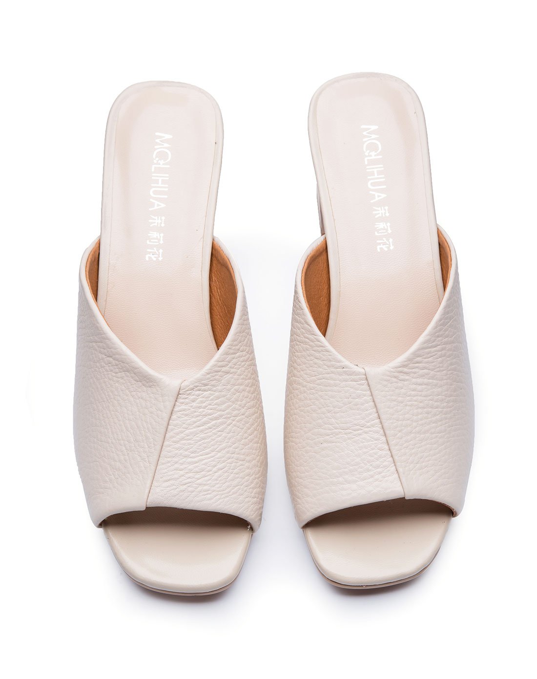 牛皮素不规则鞋口粗跟凉拖米白