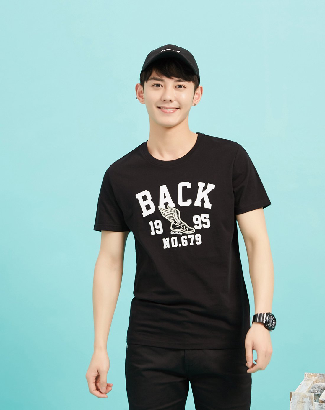 男2017夏装新款潮流数字图案印花纯棉短袖t恤影黑