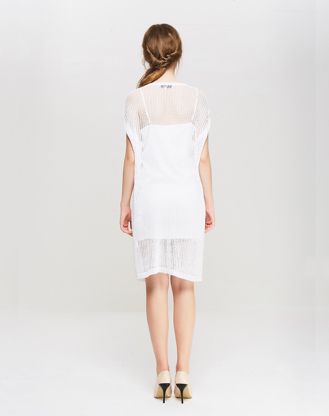 纯色镂空渔网透视甜美女士连衣裙漂白色