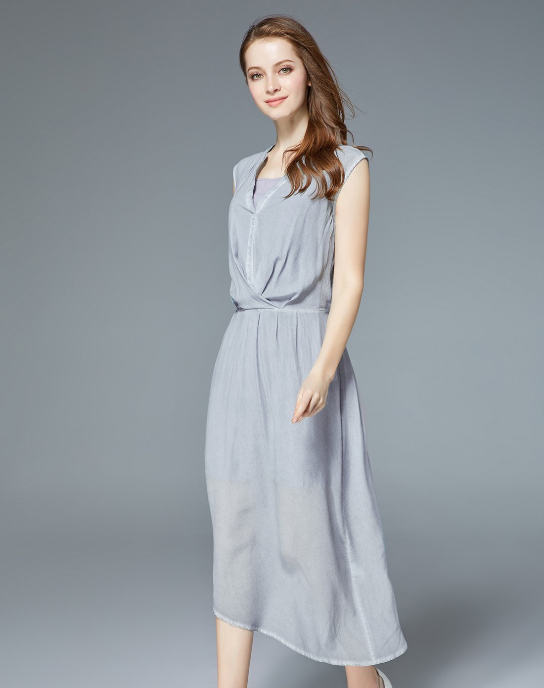 灰蓝色无袖v领优雅精致淑女气质真丝连衣裙