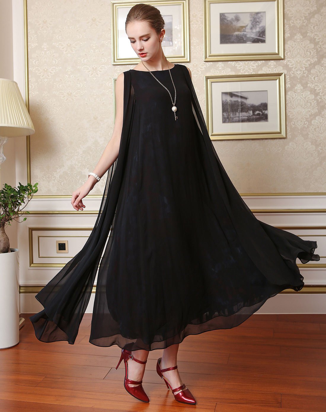 维欧艾voa真丝女装-艺术之美voa维欧艾圆领露肩飘带无袖a字宽松双层