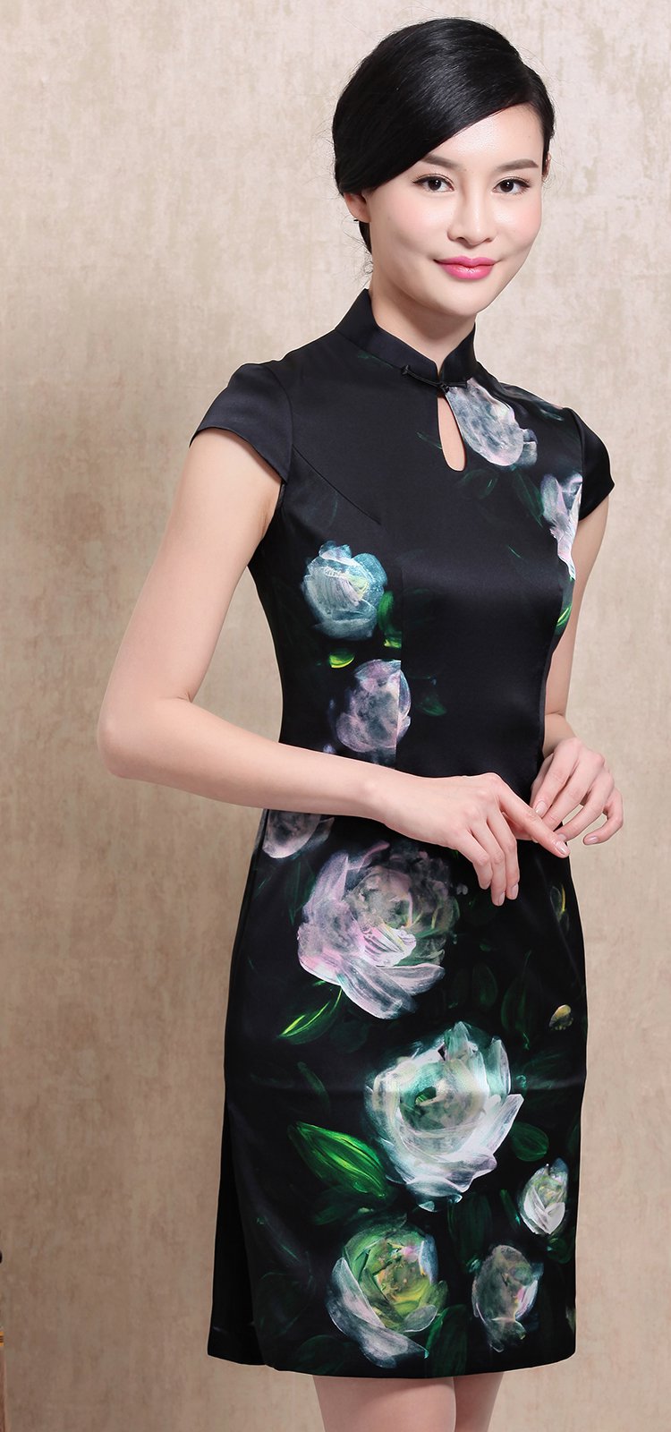 今典旗袍女款黑花印花真丝旗袍q6z196996_唯品会