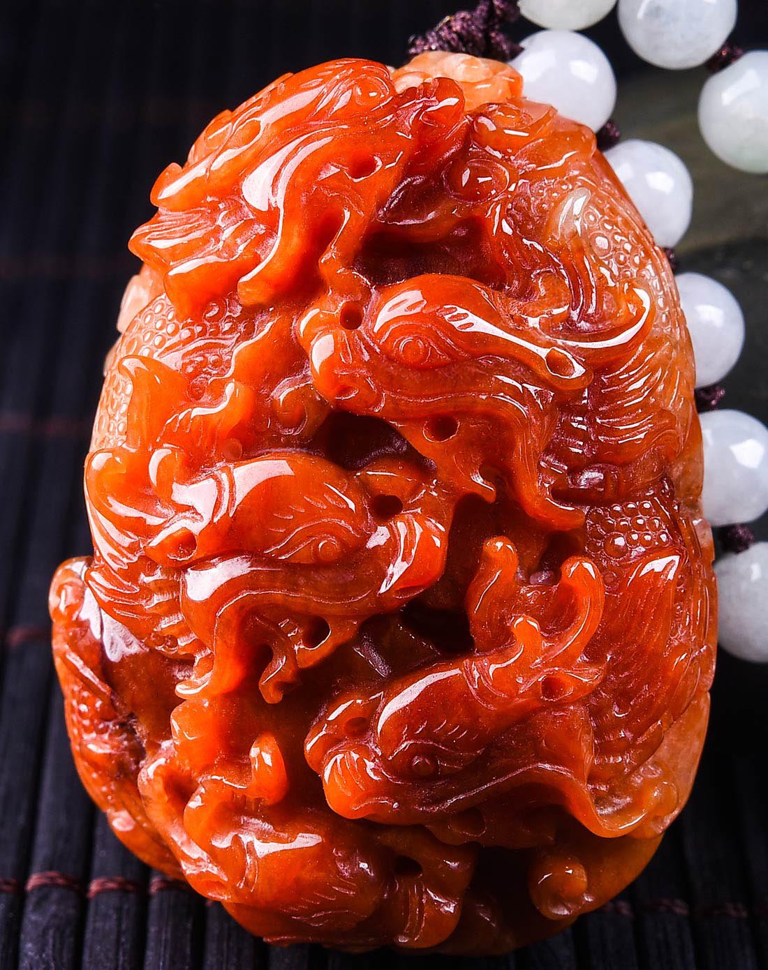 亿珍阁玉石专场亿珍阁 精雕红翡糯种如意五龙朝圣翡翠吊坠附证书asdwh