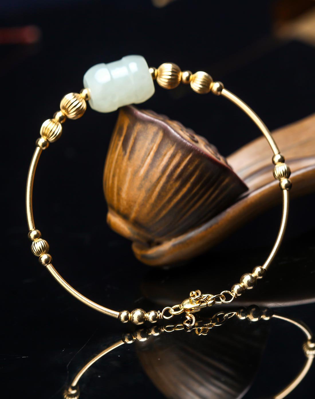 穗南14k包金镶嵌 和田玉桶珠手镯 玉质 细腻 温润