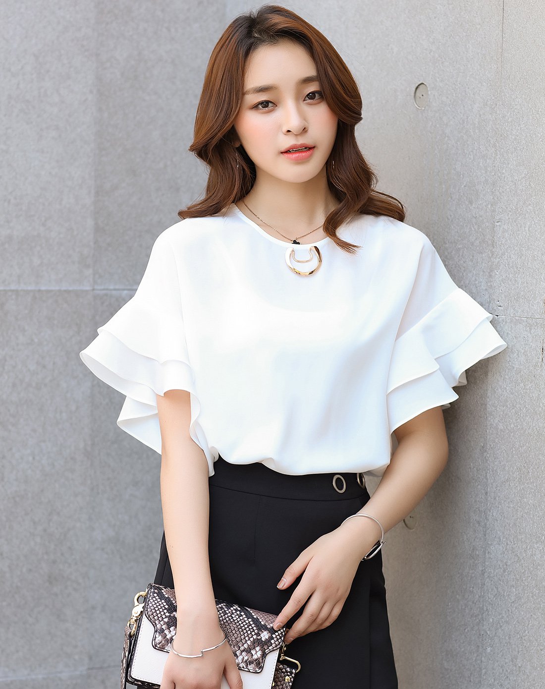 清新甜美纯色百搭双层荷叶袖雪纺衫粉色