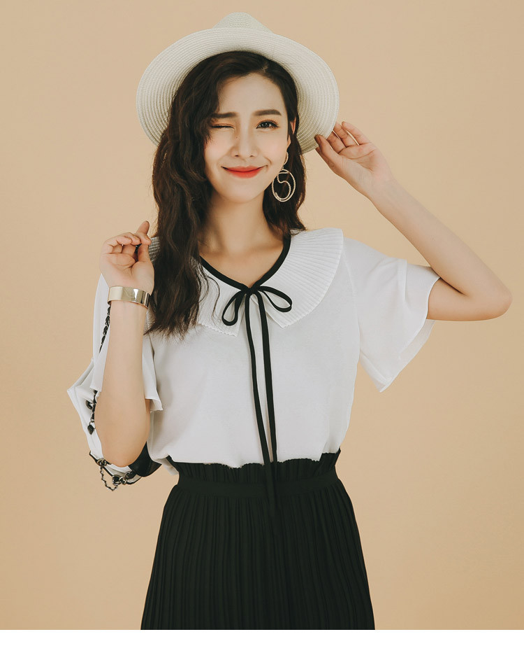 时尚褶皱领设计雪纺衫白色
