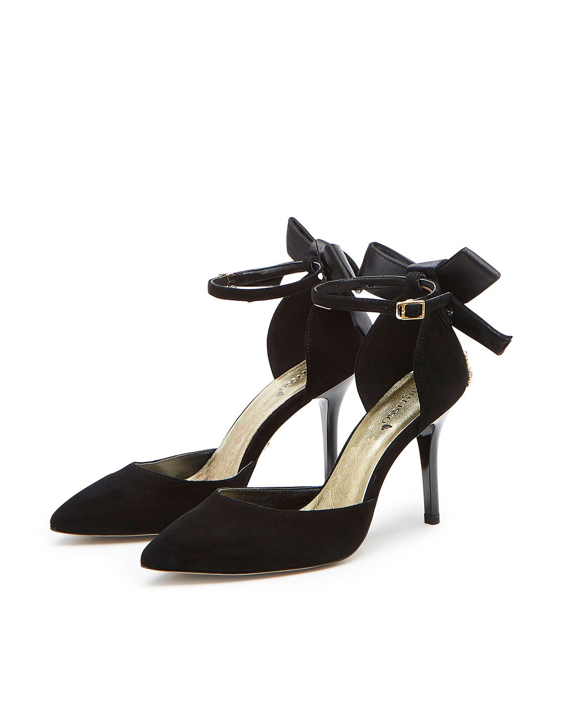 蹀愫17新款夸张大蝴蝶结羊反绒高跟搭扣中空鞋明星同款