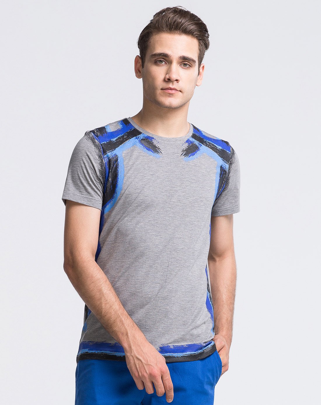 男士圆领喷绘印花莫代尔棉莱卡短袖t恤