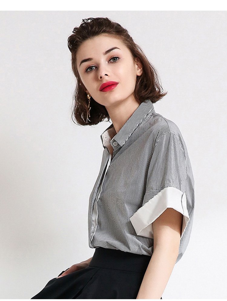 白鹿语-简约演绎欧美潮流知性条纹中袖衬衫黑色yu74030300_唯品会