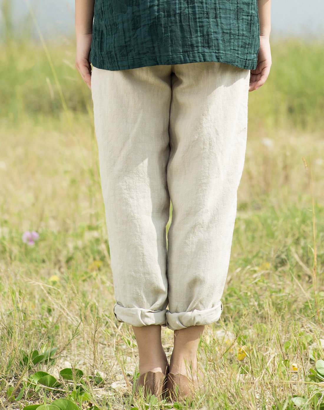 亚麻中腰纯色休闲裤米色