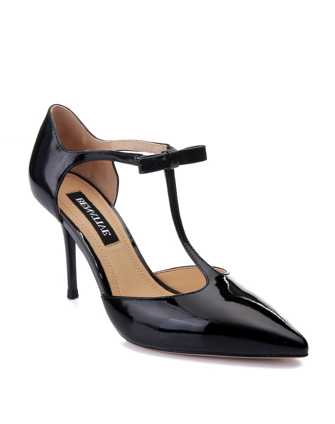 优雅纯色漆皮松紧带细跟女高跟鞋气质蝴蝶结尖头t字女鞋高跟单鞋