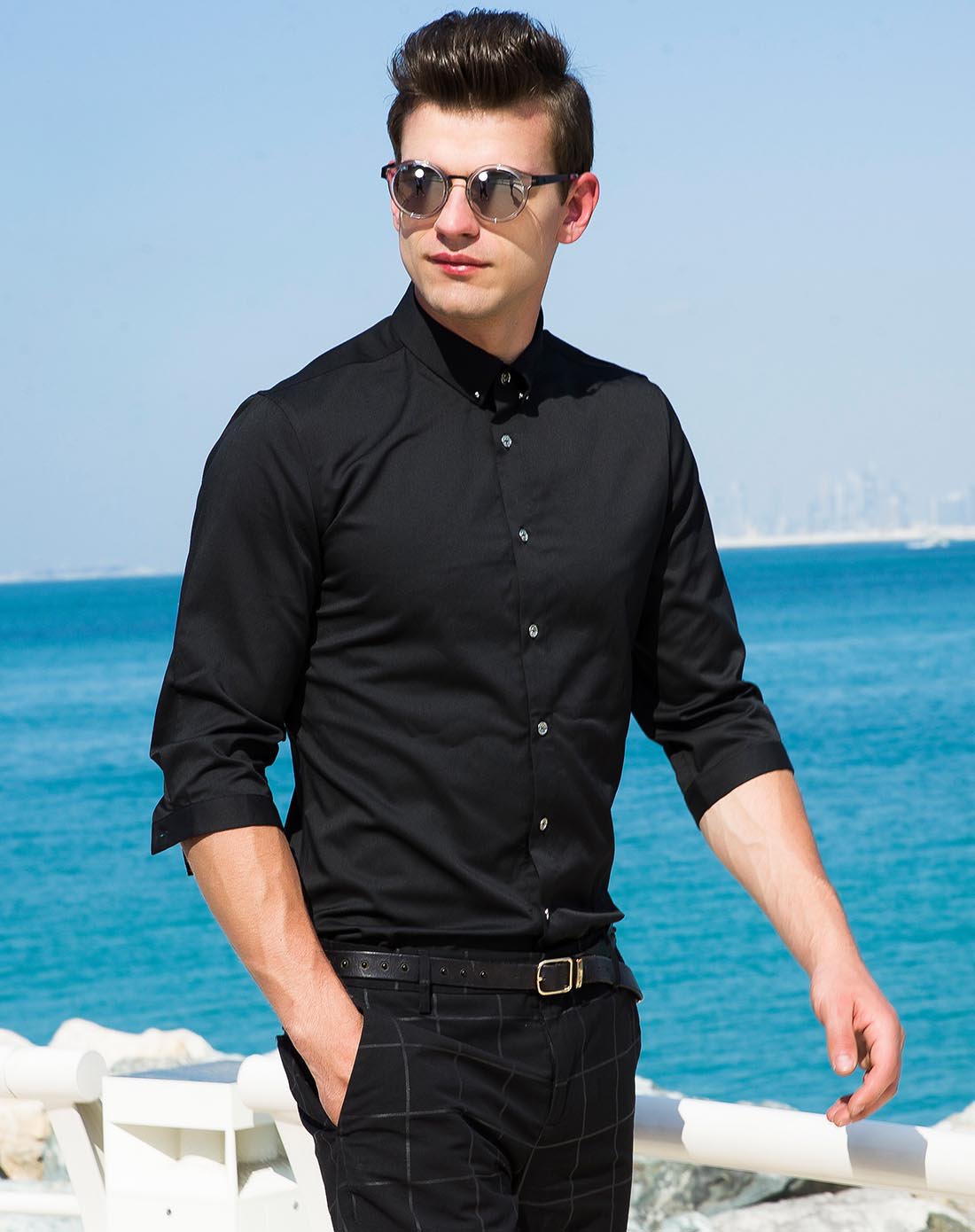 轻奢男士2017夏新品商务明门襟修身中袖衬衫黑色