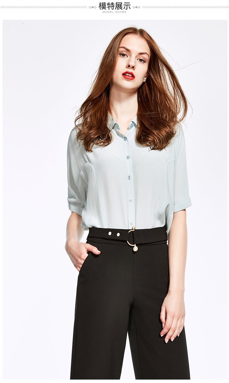 简约小翻领纯色中袖百搭衬衫