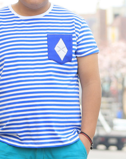 大码男装 条纹男士海魂衫短袖t恤