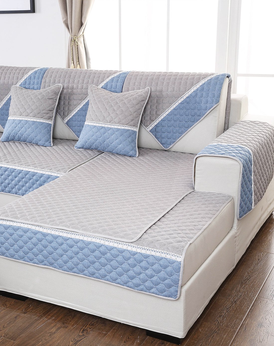 四季通用防滑系列布艺沙发垫90*210cm(亚麻浅灰拼条)