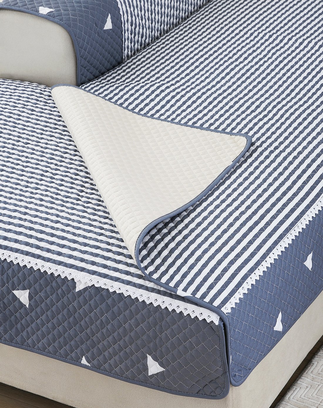 地中海四季通用防滑系列布艺沙发垫70*70cm(灰白横条)