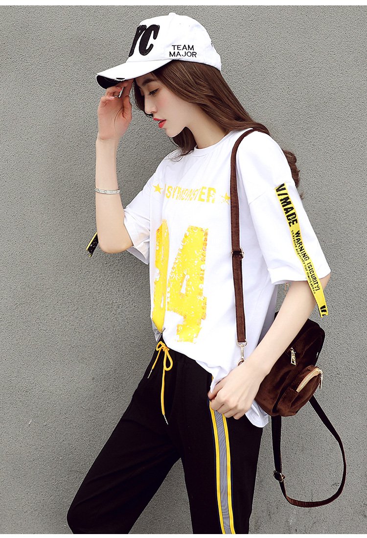 尚静圆领五分袖印花t恤 系带小脚九分裤清新套装jr1781541_唯品会